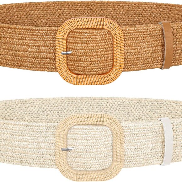 2 Pack Straw Woven Elastic Belt Braided Stretch Wide Boho Rattan Waist Belt for - Picture 1 of 6